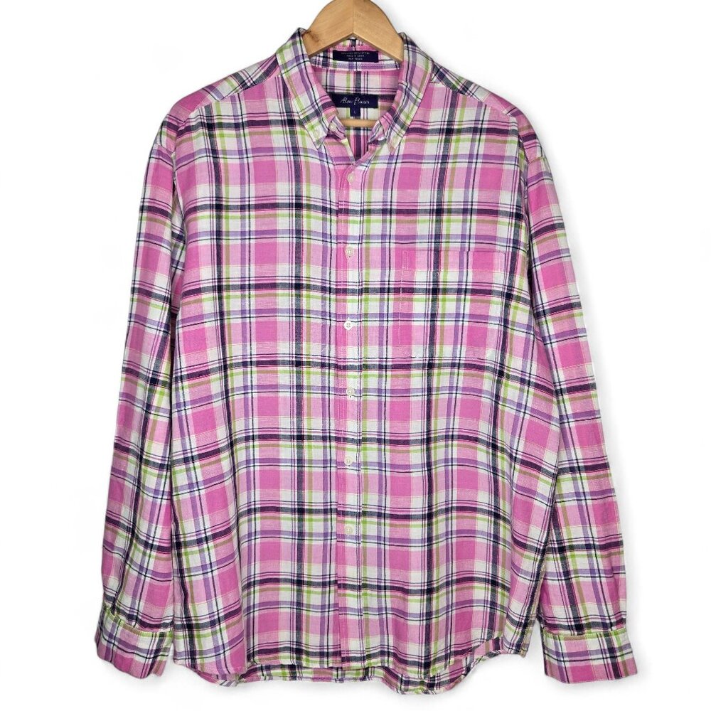 Allan Flusser Madras Plaid‎ Shirt Men's Linen Blend Long Sleeve Preppy Pastel L